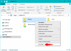 Opțiunea Proprietăți din meniul contextual al unui folder partajat