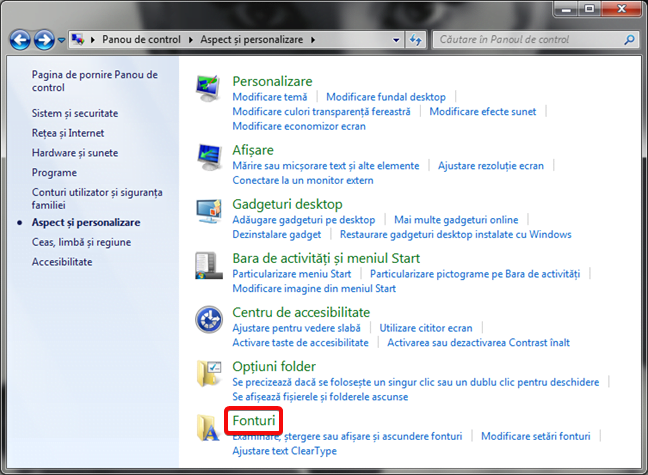 Opțiuni pentru fonturi în Panou de control