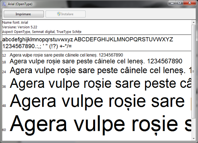 Vizualizează un font instalat