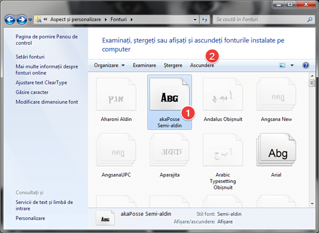 Ascunde un font instalat