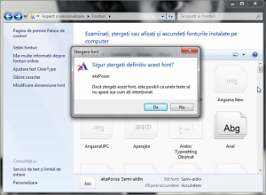 Confirmare de ștergere pentru un font instalat