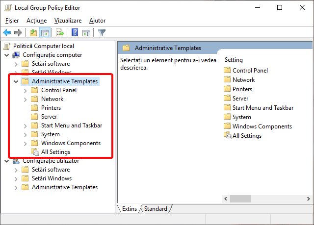 Administrative Templates în Local Group Policy Editor