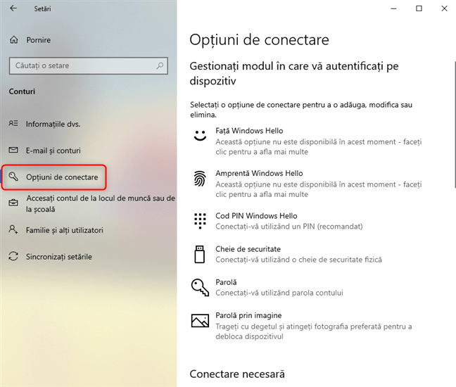 Accesează Opțiuni de conectare