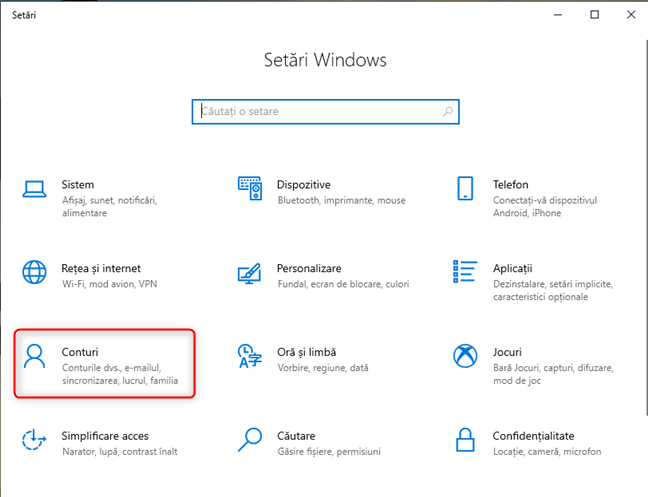 Setările Windows 10 - Mergi la Conturi