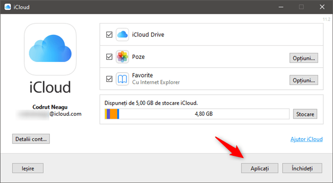 Finalizarea instalării iCloud pentru Windows 10