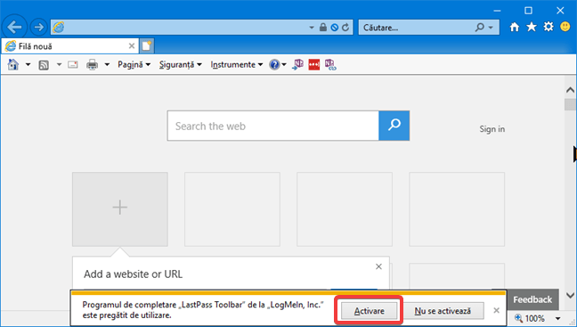 Notificare Internet Explorer pentru activarea LastPass
