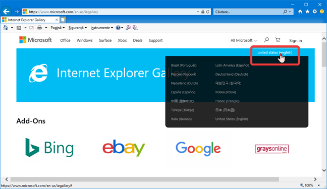 Cum să schimbi limba pe pagina web a Galeriei Internet Explorer