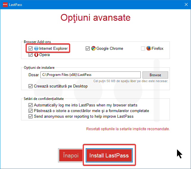 Opțiuni avansate în programul de instalare LastPass pentru Internet Explorer