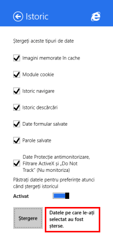Internet Explorer, Windows 8.1, aplicatia, stergere, istoric navigare, date
