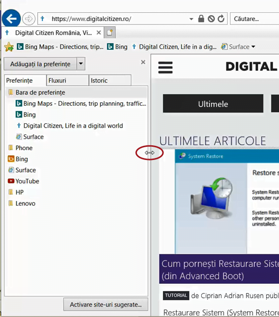 Internet Explorer, preferinte, bara, centrul