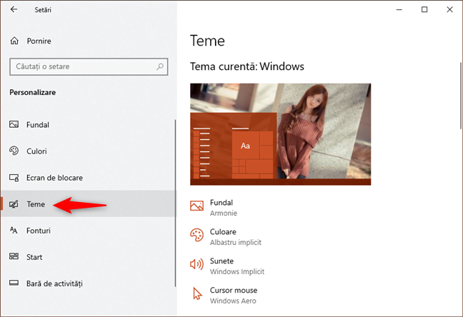 Setările pentru teme din Windows 10