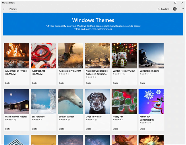 Secțiunea Teme Windows din Microsoft Store