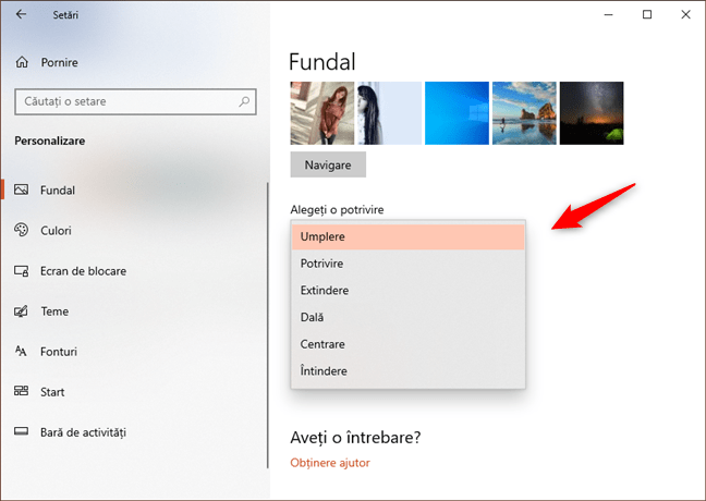 Alegerea unui tip de poziționare a fundalului de desktop din Windows 10