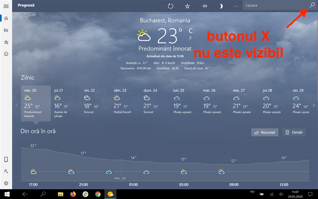 Aplicația Meteo nu mai afișează butonul X în colțul din dreapta sus