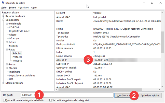 Caută adresa IP în Informații de sistem în Windows