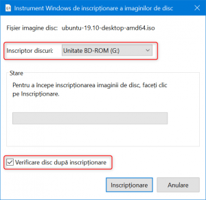 Alegerea inscriptorului de disc și verificarea discului după inscripționare