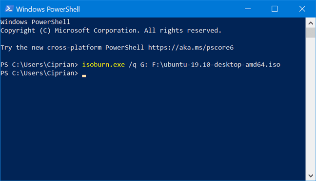 Scrierea unui disc cu isoburn.exe din PowerShell