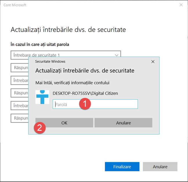 Windows 10, cont utilizator, intrebari securitate