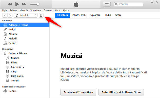 Butonul de dispozitiv iPhone din partea stânga sus a aplicației iTunes