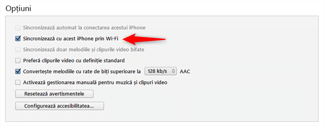 Activare sincronizare între iPhone și Windows 10 prin Wi-Fi