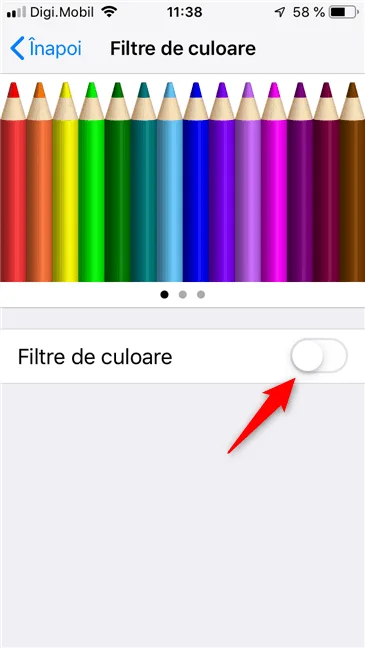 Comutatorul pentru Filtrele de culoare din iOS