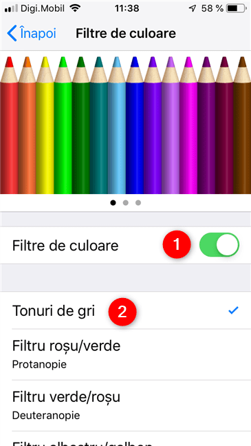 Activarea Filtrului de culoare Tonuri de gri, pe un iPhone