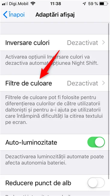 Secțiunea Filtre de culoare din iOS