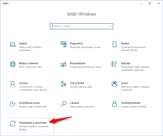 Secțiunea Actualizare și securitate din aplicația Setări din Windows 10