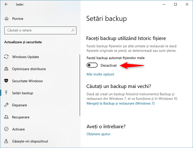 Dezactivarea backup-ului automat cu Istoric fișiere