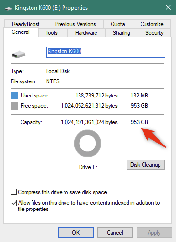 Proprietățile SSD-ului Kingston KC600 în Windows 10