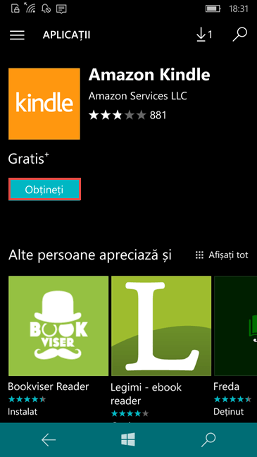 Amazon Kindle, Windows 10 Mobile