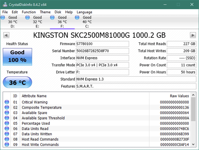 Informații despre Kingston KC2500 1 TB M.2 NVMe PCIe SSD