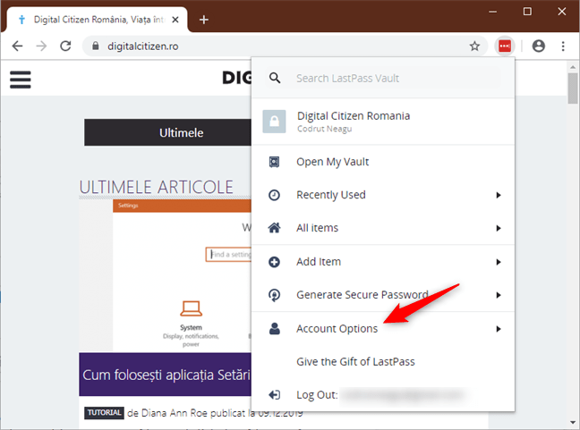 Account Options (Opțiuni cont) din meniul LastPass