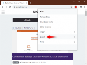 Opțiunea Export (Exportă) din LastPass