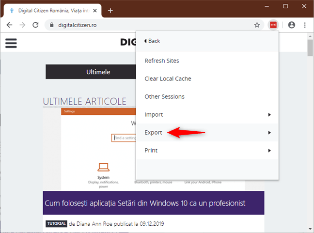 Opțiunea Export (Exportă) din LastPass