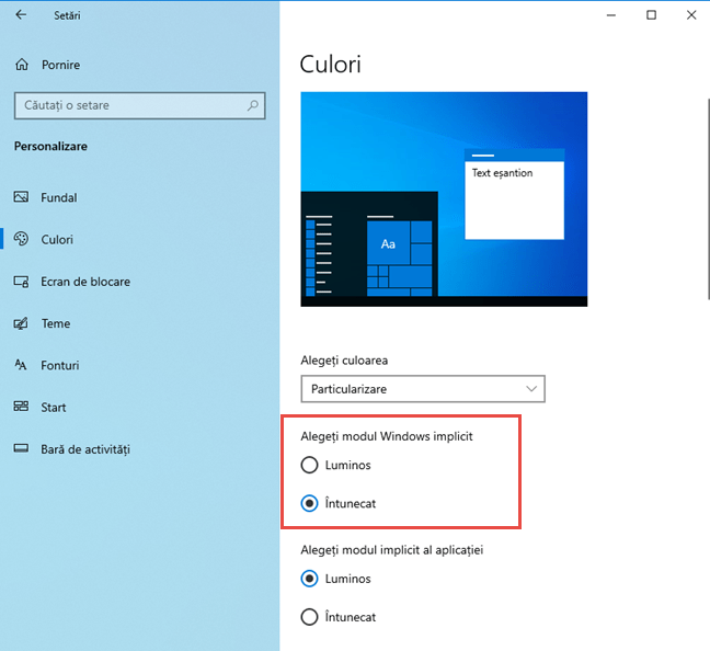Dezactivarea Modului Luminos în Windows 10