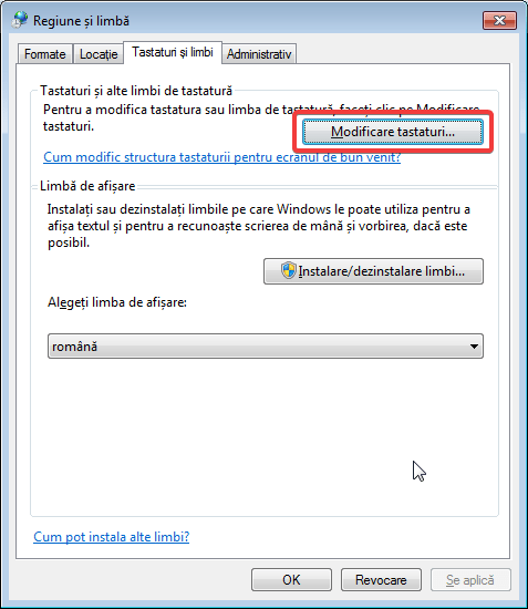 Modifică tastaturi în fereastra de Regiune și limbă din Windows 7