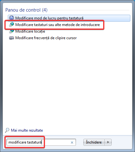 Căutarea opțiunilor pentru tastatură în Windows 7