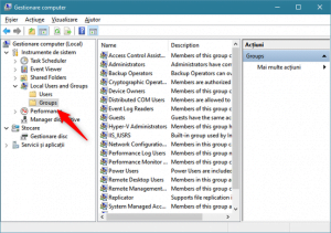 Selectarea Groups în Local Users and Groups