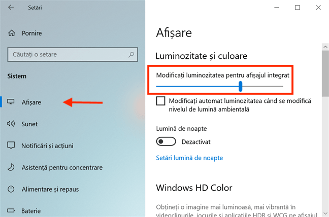 Ajustează luminozitatea din Setări în Windows 10