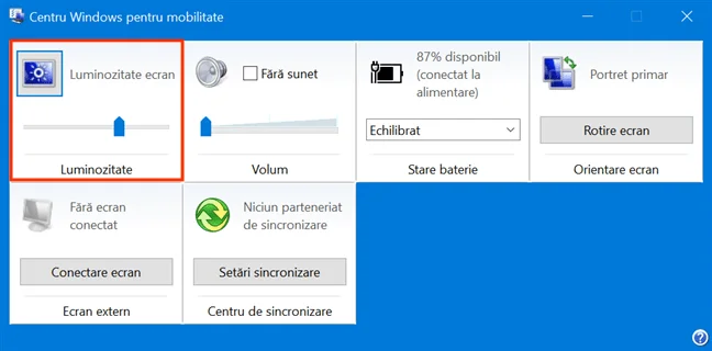 Centru Windows pentru mobilitate îți permite să ajustezi luminozitatea