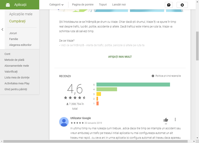 Descriere, notă și comentarii de la utilizatori pentru Waze în Magazin Google Play