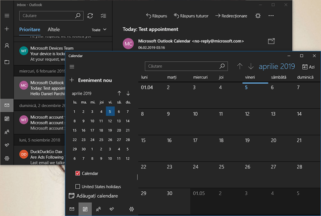 Modul întunecat pentru aplicațiile Mail și Calendar în Windows 10