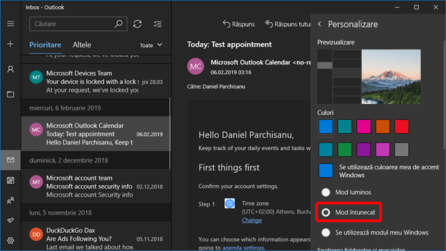 Modul întunecat activat pentru aplicația Mail în Windows 10