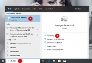 Utilizarea căutării pentru a deschide Managerul de activități