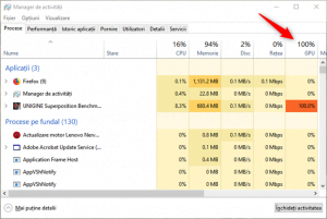 Antetul GPU din fila Procese a Managerului de activități