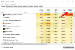 Sortarea aplicațiilor după utilizarea cipurilor grafice, în Managerul de activități