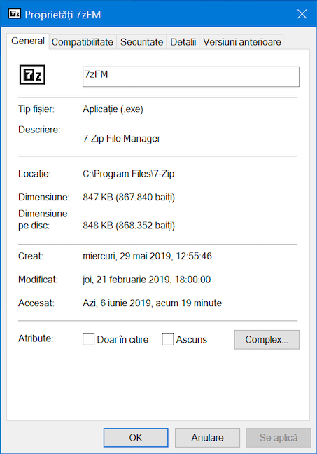 Proprietățile aplicației 7-Zip