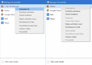 Aplicația 7-Zip comparată cu Firefox, cu opțiuni dezactivate