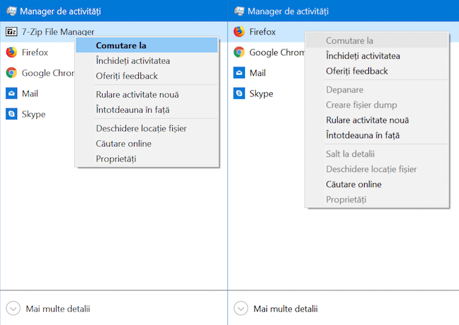 Aplicația 7-Zip comparată cu Firefox, cu opțiuni dezactivate